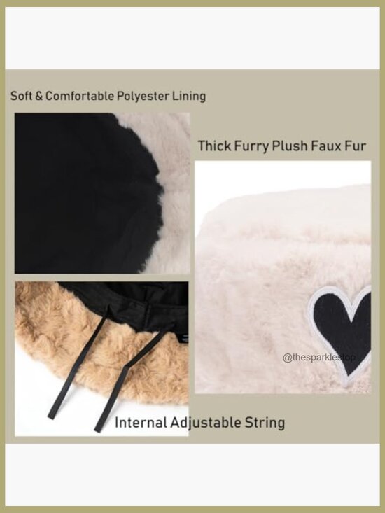 Faux Fur Bucket Hat, Winter Warm Fluffy Plush Hat, Adjustable String main image 4